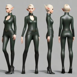 Generate an image of a female elf wearing a stylish black leather outfit.