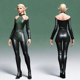 Generate an image of a female elf wearing a stylish black leather outfit.