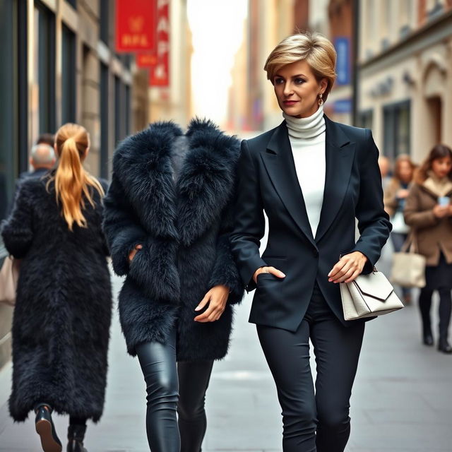 A beautiful scene of two women walking down a city street