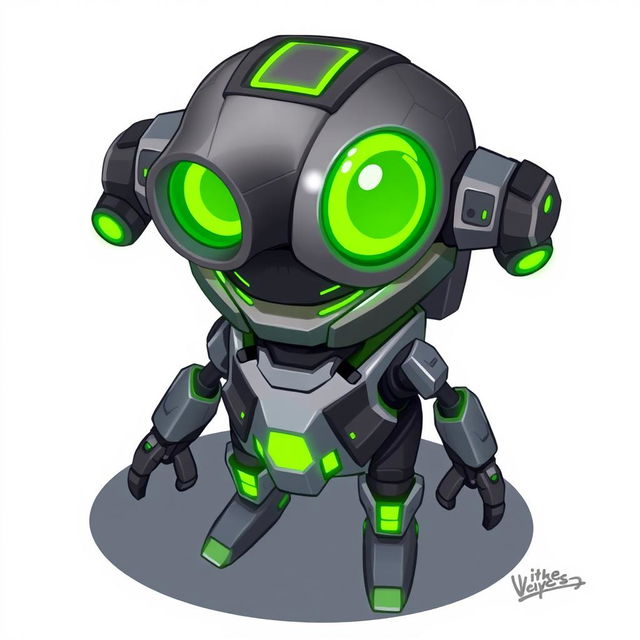 A 2D futuristic enemy minion designed in a top-down view, featuring a compact, robotic design with a blend of angular shapes and smooth curves