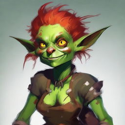 A goblin female with vibrant green skin and fiery red hair