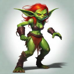 A goblin female with vibrant green skin and fiery red hair