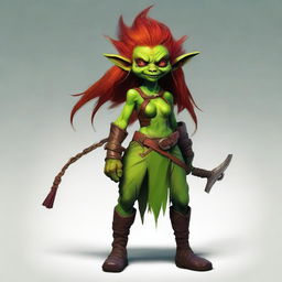 A goblin female with vibrant green skin and fiery red hair