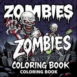 A bold and captivating cover design for a 'Zombies for Adults Coloring Book', featuring a dynamic array of intricately detailed zombie characters in various chilling and imaginative poses
