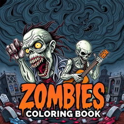 A bold and captivating cover design for a 'Zombies for Adults Coloring Book', featuring a dynamic array of intricately detailed zombie characters in various chilling and imaginative poses