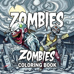 A bold and captivating cover design for a 'Zombies for Adults Coloring Book', featuring a dynamic array of intricately detailed zombie characters in various chilling and imaginative poses