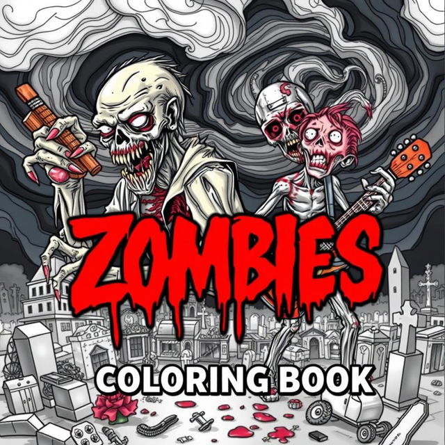 A bold and captivating cover design for a 'Zombies for Adults Coloring Book', featuring a dynamic array of intricately detailed zombie characters in various chilling and imaginative poses