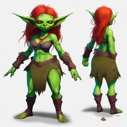 A goblin female with vibrant green skin and fiery red hair