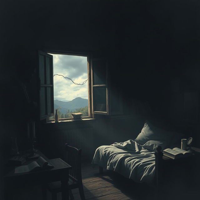 A moody, atmospheric morning scene depicting a small, simple room filled with dreams and memories