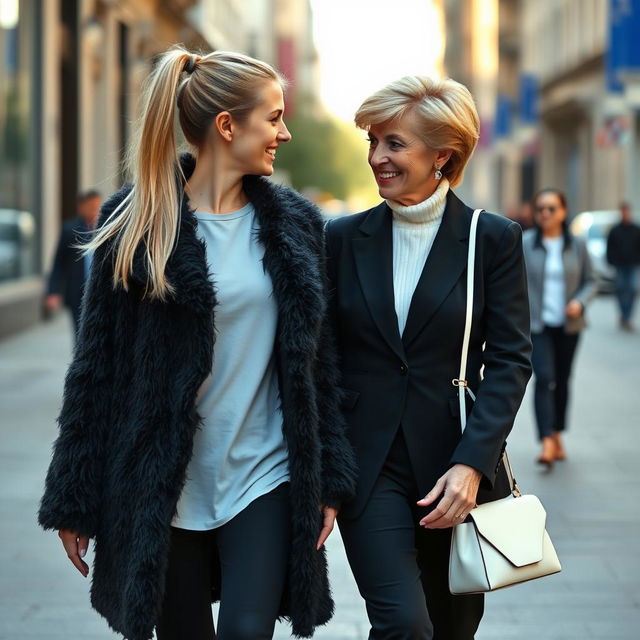 A pretty young woman with long blond hair pulled into a ponytail, flowing elegantly behind her, is walking down a city street