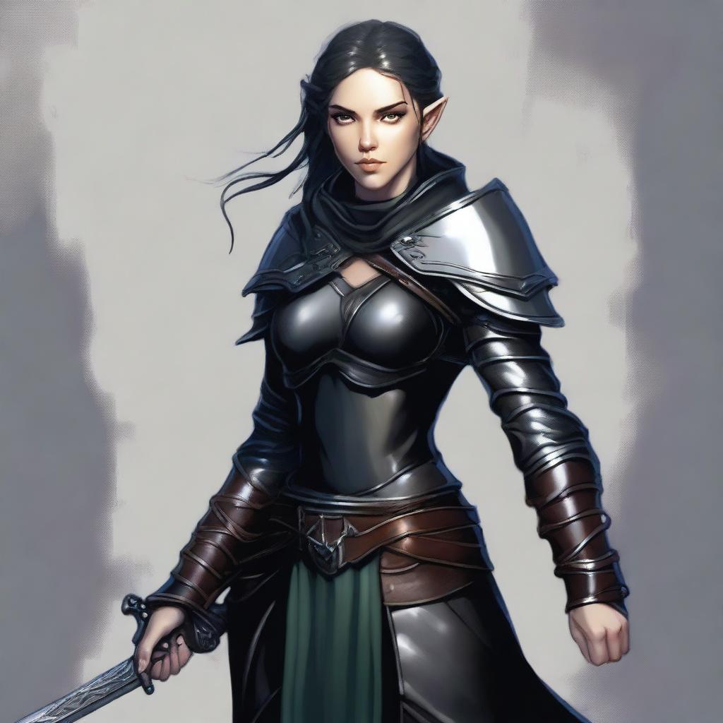 A female half-elf, poised confidently in midnight-black leather armor, vigilantly gripping a sturdy mace