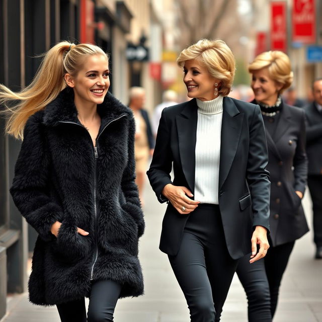 A vibrant street scene featuring a pretty young woman walking with a happy expression, her long blond hair styled in a ponytail flowing behind her