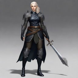 A female half-elf, poised confidently in midnight-black leather armor, vigilantly gripping a sturdy mace