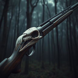 A highly detailed and artistic representation of a rifle featuring a bird skull intricately designed on the barrel