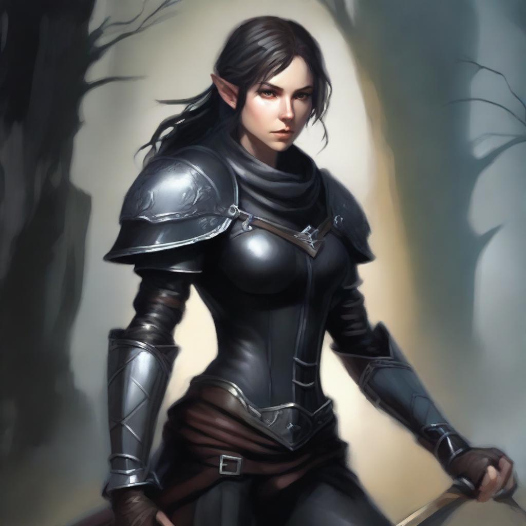 A female half-elf, poised confidently in midnight-black leather armor, vigilantly gripping a sturdy mace