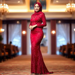 A beautiful woman wearing a hijab, dressed in a figure-hugging evening gown that accentuates her curves, paired with elegant high heels