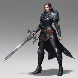 A female half-elf, poised confidently in midnight-black leather armor, vigilantly gripping a sturdy mace