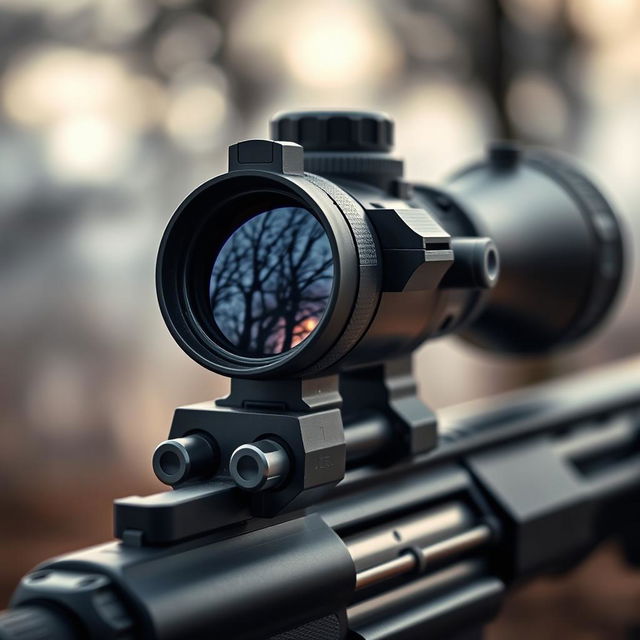 A detailed and close-up view of a high-quality femur rifle scope, showcasing its sleek design and intricate mechanics