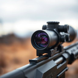 A detailed and close-up view of a high-quality femur rifle scope, showcasing its sleek design and intricate mechanics