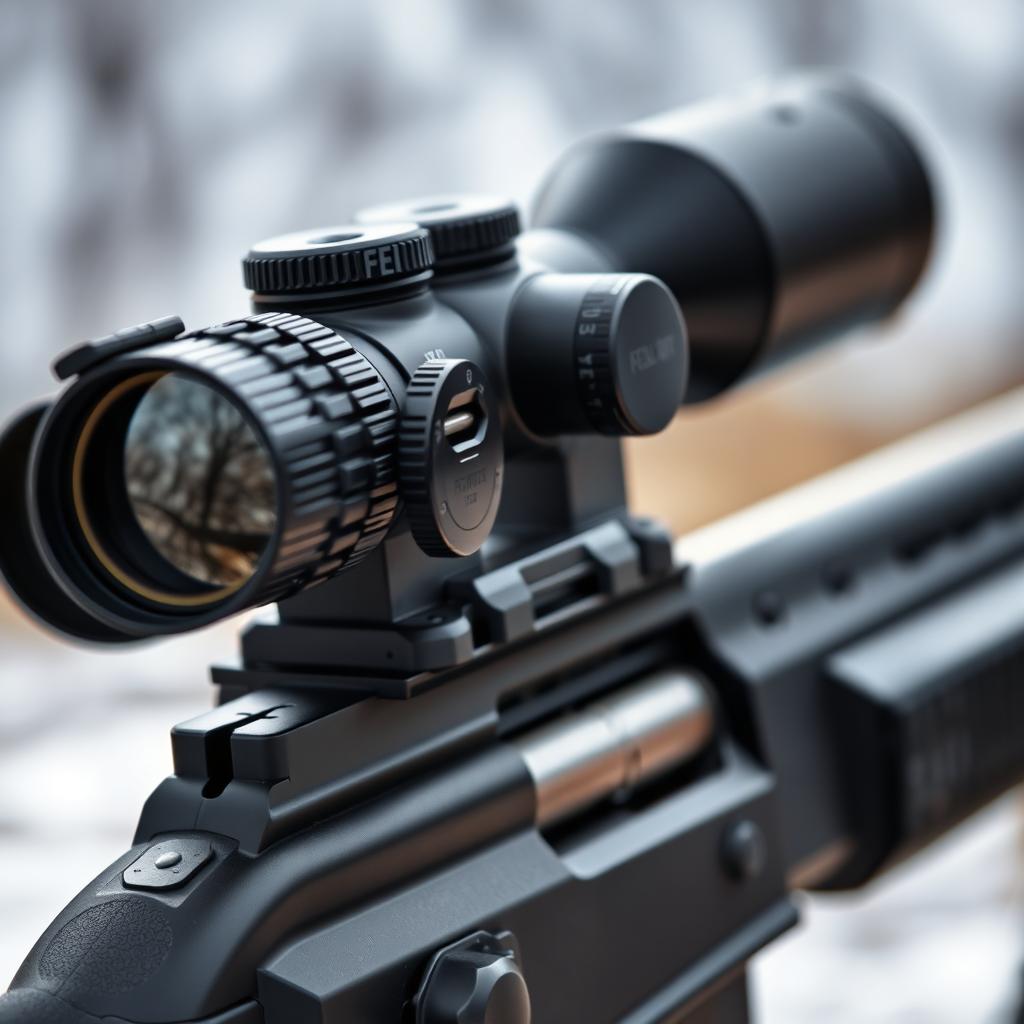 A detailed and close-up view of a high-quality femur rifle scope, showcasing its sleek design and intricate mechanics