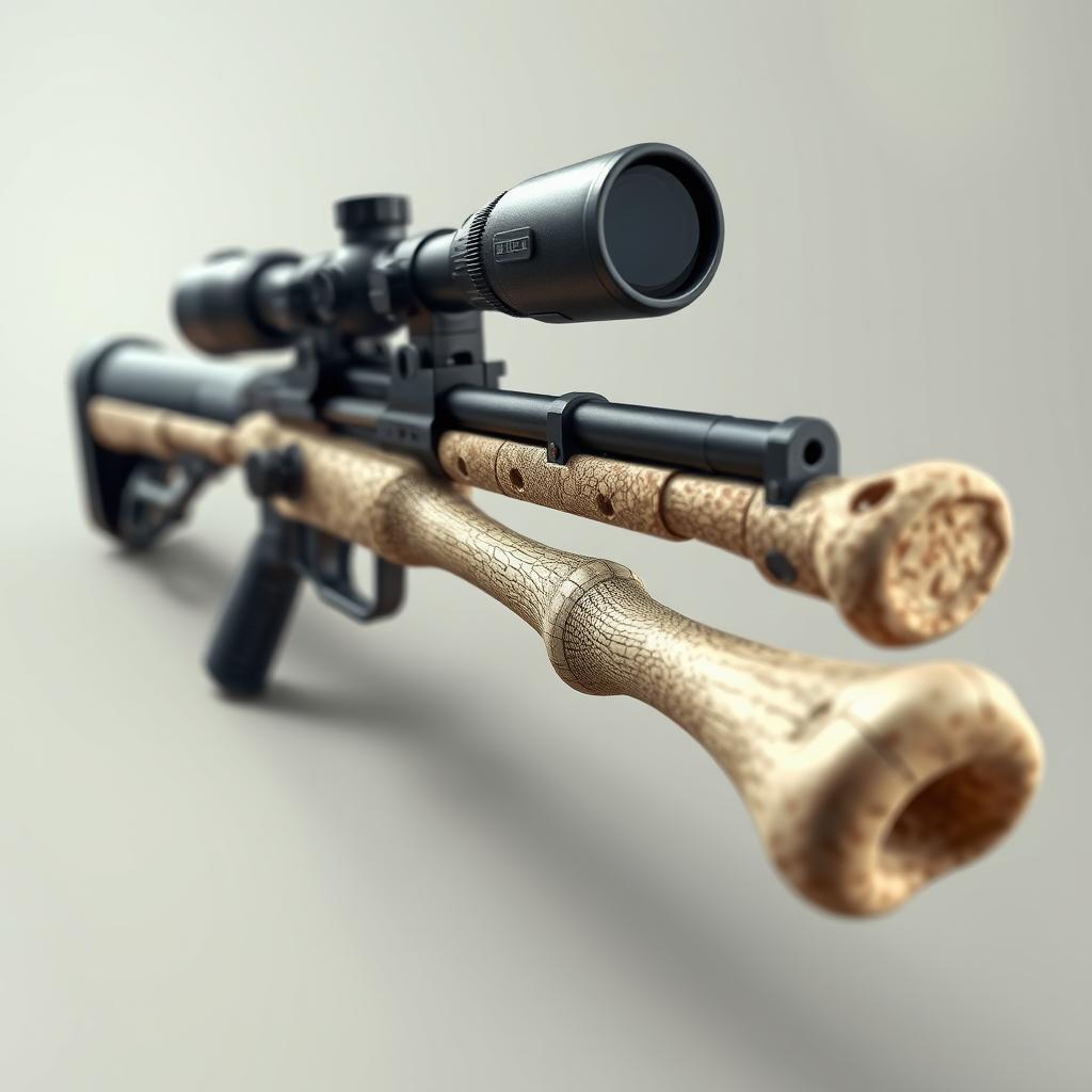 A highly detailed illustration of a rifle scope, cleverly designed to resemble a human leg bone