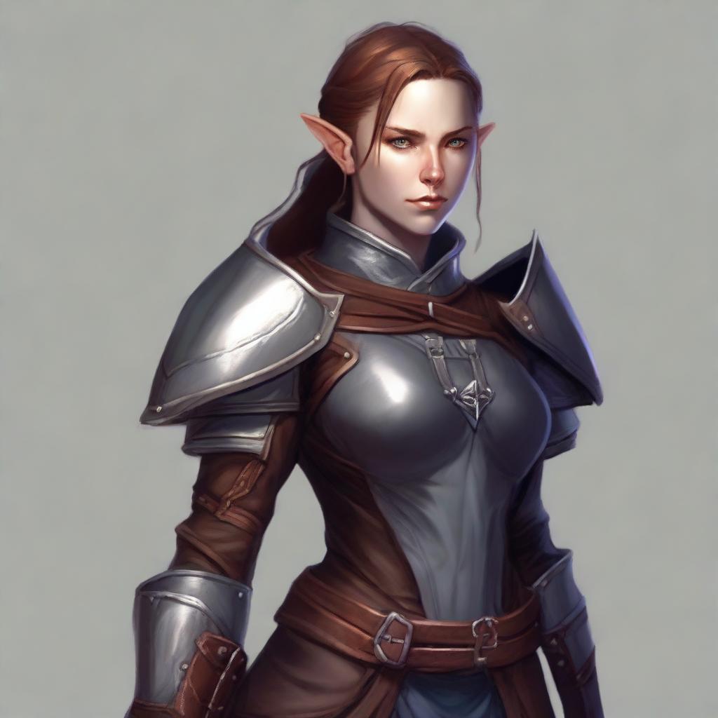 A female half-elf, adorned in well-fitted leather armor and clutching a brutish mace in her firm grip