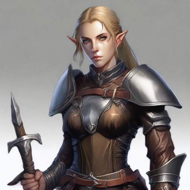 A female half-elf, adorned in well-fitted leather armor and clutching a brutish mace in her firm grip