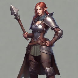 A female half-elf, adorned in well-fitted leather armor and clutching a brutish mace in her firm grip