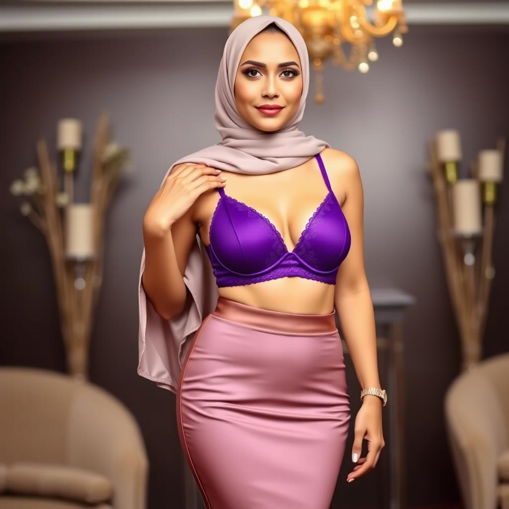 A stylish woman wearing a hijab, showcasing a vibrant purple bra paired with an elegant formal bottom suitable for a wedding or special event