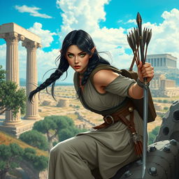 A female half-elf rogue set in ancient Greece, exuding a mysterious and adventurous aura