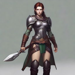 A female half-elf, adorned in well-fitted leather armor and clutching a brutish mace in her firm grip