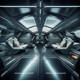 interior of futuristic fighter jet with glass panel demarcating front cabin from back cabin