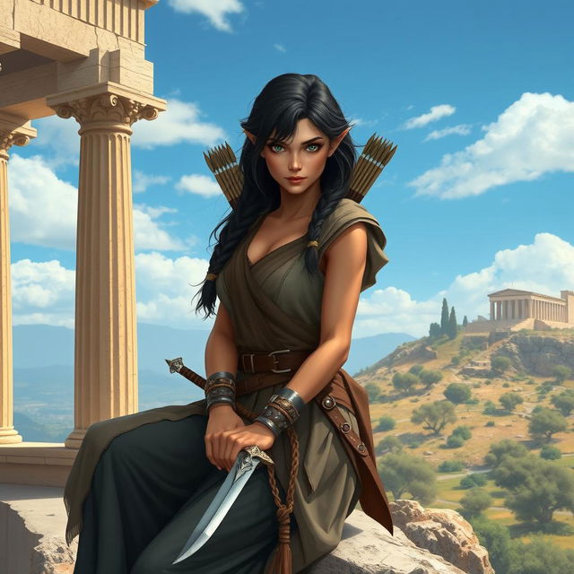 A female half-elf rogue set in ancient Greece, exuding a mysterious and adventurous aura