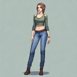 A female half-elf with contemporary style, dressed in a stylish crop top and snugly fitting jeans