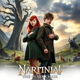A visually striking promotional image for the upcoming film 'NARNIA 4: The Silver Chair', featuring Georgie Henley as Jill Pole and Will Poulter as Eustace Scrubb