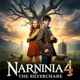 A visually striking promotional image for the upcoming film 'NARNIA 4: The Silver Chair', featuring Georgie Henley as Jill Pole and Will Poulter as Eustace Scrubb