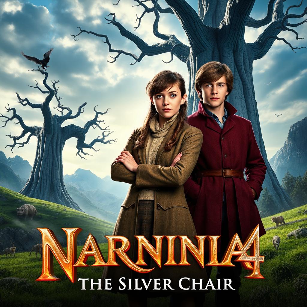 A visually striking promotional image for the upcoming film 'NARNIA 4: The Silver Chair', featuring Georgie Henley as Jill Pole and Will Poulter as Eustace Scrubb