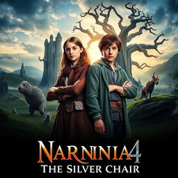 A visually striking promotional image for the upcoming film 'NARNIA 4: The Silver Chair', featuring Georgie Henley as Jill Pole and Will Poulter as Eustace Scrubb