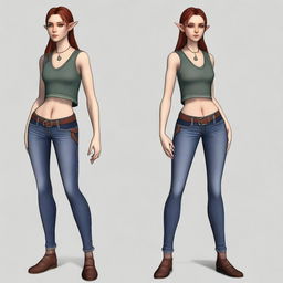 A female half-elf with contemporary style, dressed in a stylish crop top and snugly fitting jeans