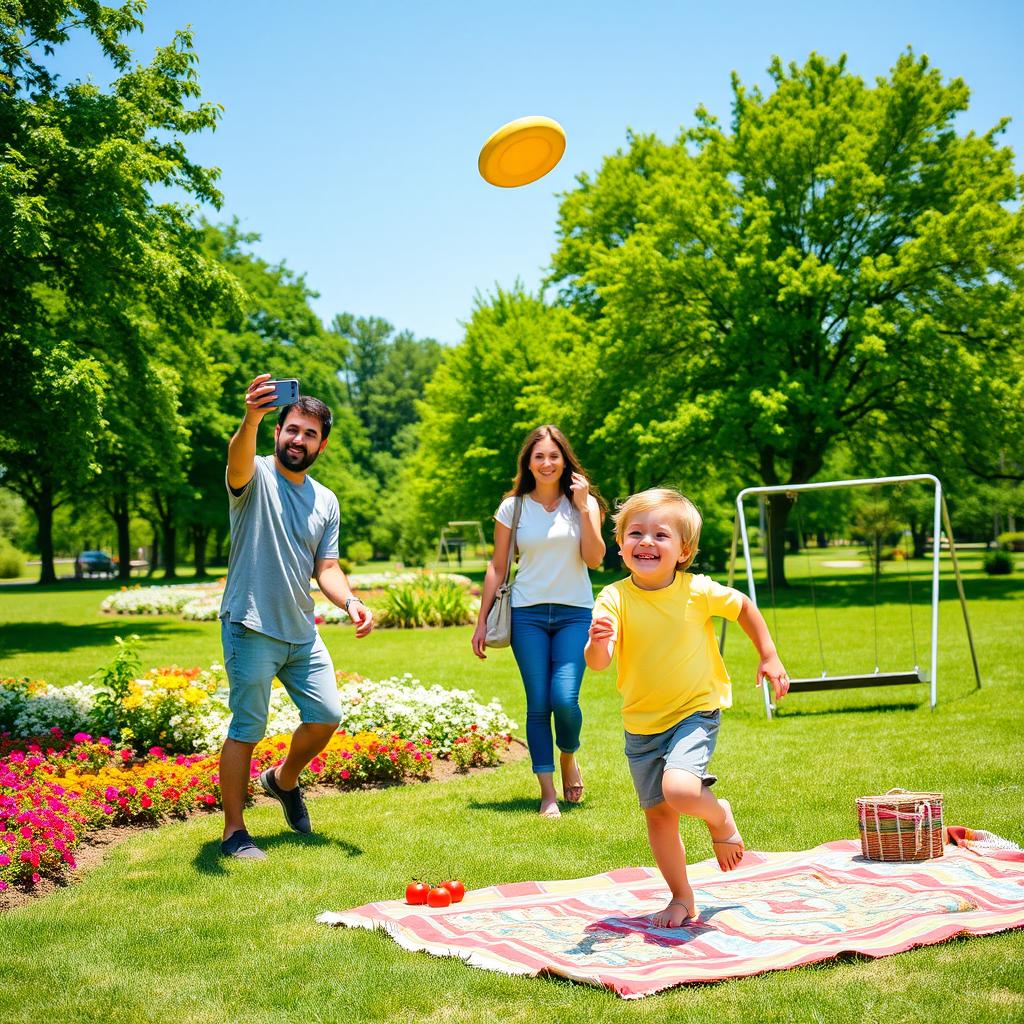 A joyful scene in a vibrant park, depicting a young boy playing happily with his parents