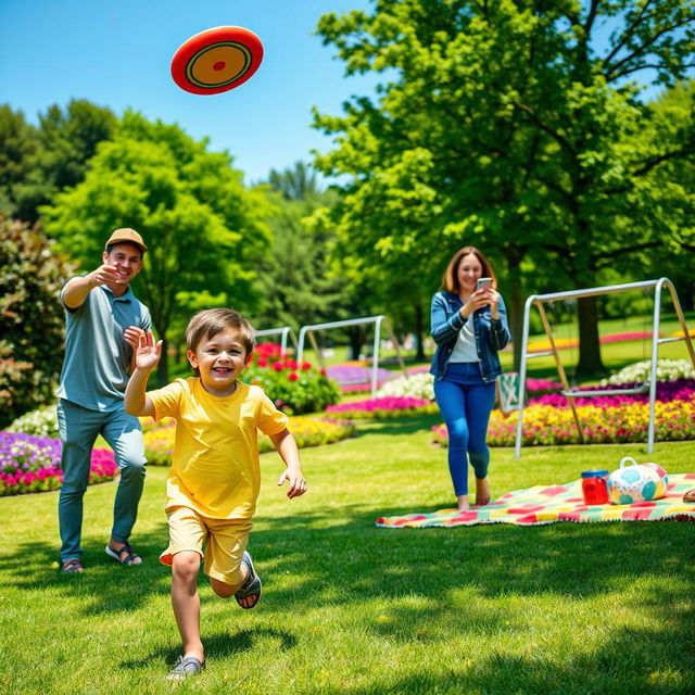 A joyful scene in a vibrant park, depicting a young boy playing happily with his parents