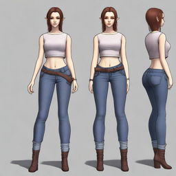 A female half-elf with contemporary style, dressed in a stylish crop top and snugly fitting jeans