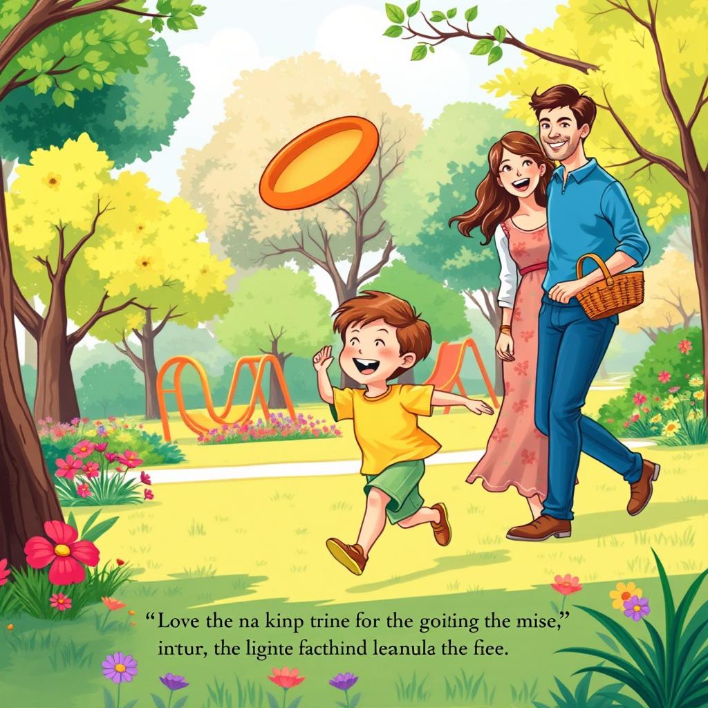 An illustrated scene for a book chapter, depicting a young boy playing joyfully in a colorful park with his parents