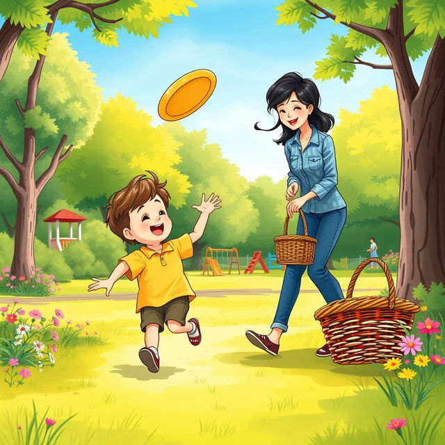 An illustrated scene for a book chapter, depicting a young boy playing joyfully in a colorful park with his parents