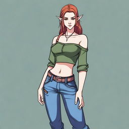 A female half-elf with contemporary style, dressed in a stylish crop top and snugly fitting jeans