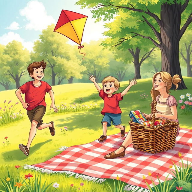 An illustrated scene for a book chapter, featuring a young boy playing in a sunny park with his parents