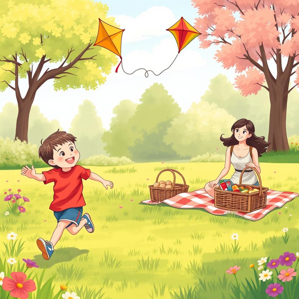 An illustrated scene for a book chapter, featuring a young boy playing in a sunny park with his parents