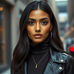 An ultra-realistic portrait of a 25-year-old Indian female influencer with a modern, chic aesthetic