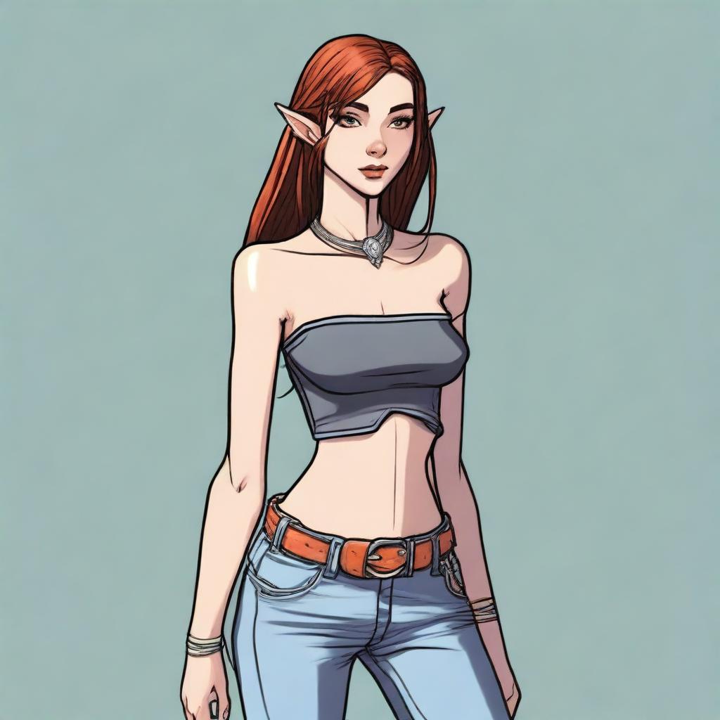 A female half-elf, showcasing her modern fashion sense in a fitted tube top and slender jeans