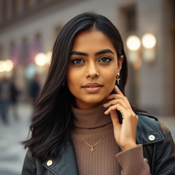An ultra-realistic portrait of a 25-year-old Indian female influencer with a modern, chic aesthetic